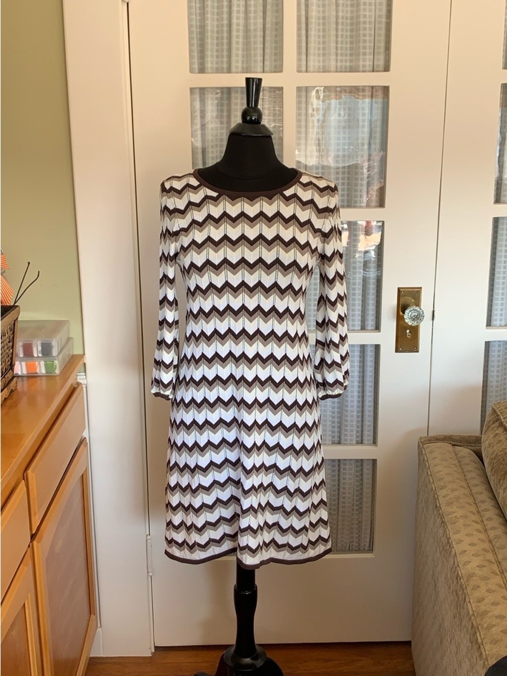 Alice + Olivia Brown and White Chevron Midi Dress